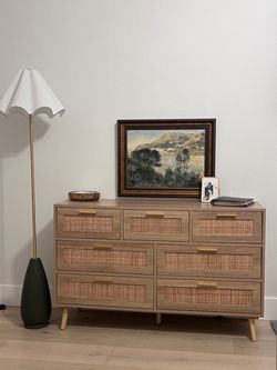 7-Drawer Rattan Wood Dresser with Gold Handles