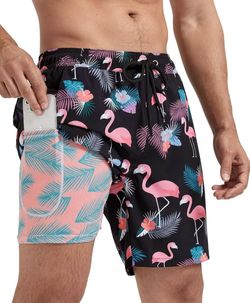 XL Men Swim Trunks Compression Liner Quick Dry Waterproof 7 Inch Inseam Flamingo