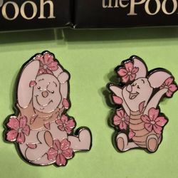 Disney Winnie The Pooh Piglet & Winnie Cherry Blossom Enamel Metal Pin Combo Set 