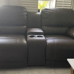 2 Piece Leather Brawn Sofa  Size 87x38-76x38 & Flowery Loveseat 