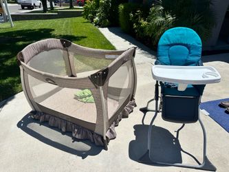 Travel playpen, and high chair $30 for the pair.