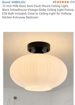 12 Inch Milk Glass Semi Flush Mount Ceiling Light, Black Schoolhouse Vintage Globe Ceiling Light Fixture, E26 Bulb Included, Close to Ceiling Light fo