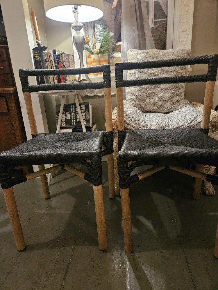 Pair Of IKEA bamboo & Black Rattan Chairs 