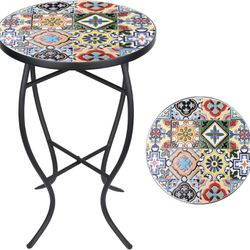 VCUTEKA Mosaic Side Table, 21" Round End Table with 14" Ceramic Tile Top, Indoor Patio Accent Table for Yard, Garden, Living Room, Bistro Balcony or L