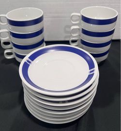 Blue and White Striped Cups and Saucers Set