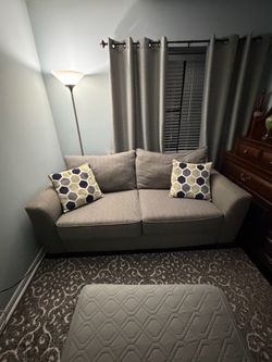 Gray Fabric Two-Seat Sofa with Accent Pillows