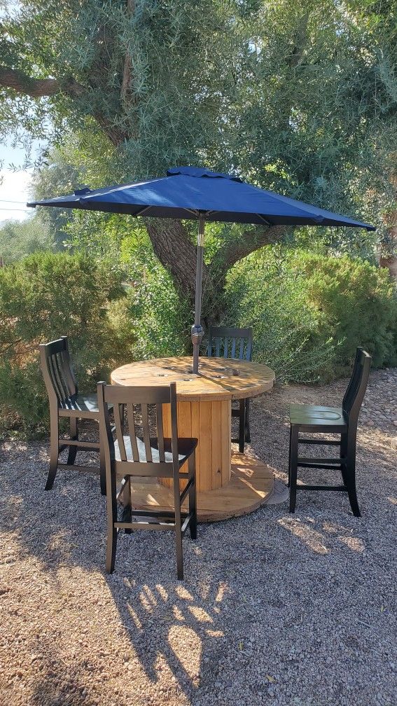 Wooden Spool, Chairs, Umbrella