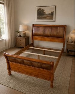 Bed Frame Queen – Solid Wood, Leather Headboard & Footboard