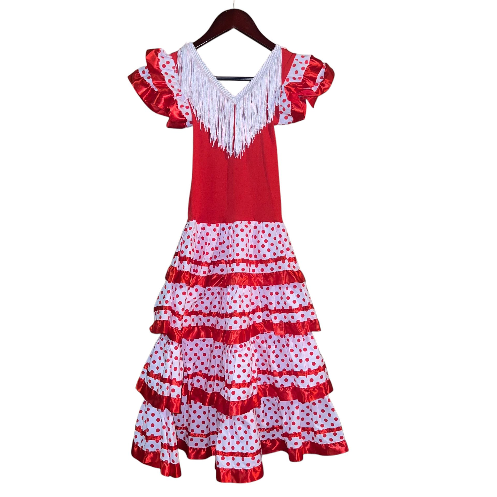 Miutii Spanish Flamenco Dress for Girls Halloween Fancy Dress Spanish Dancer Costume Maxi Tiered Ruffle Skirt Red&White Size 12