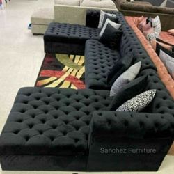 Black Velvet Double Chaise Sectional Couch Same Day Delivery