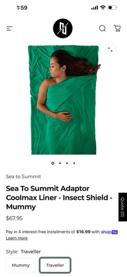 Sleeping Bag Liner With Insect Shield. Cool Max Fabric.