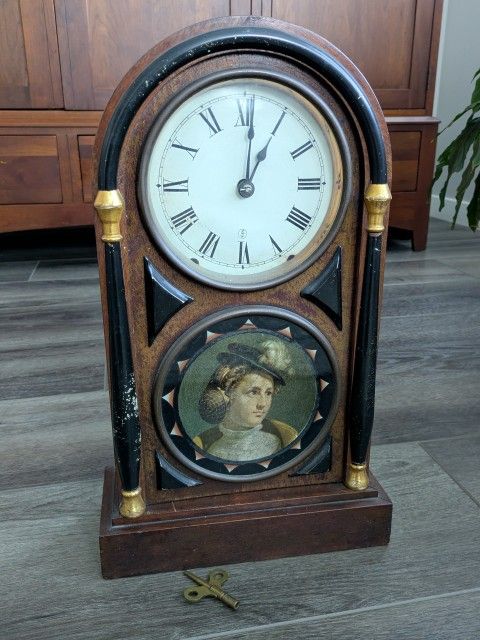 1880 Seth Thomas antique wood mantle clock with original hand painted beautiful picture of Victorian Era Young Lady. 150 year old collectible 