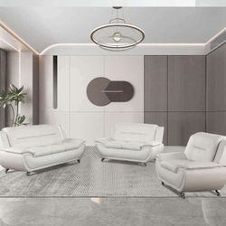 White Leather Modern Style Three Piece Couch Set