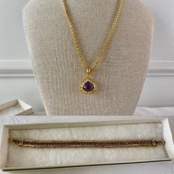 Gold necklace with purple stone pendant and matching bracelet