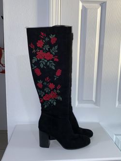 Black faux suede knee high boots with floral rose embroidery