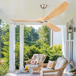 60” Ceiling Fans Without Lights, Wood Ceiling Fan with Remote Control No Light, Outdoor Propeller Ceiling Fan with 3 Blades,Brushed Nickel Outdoor Cei