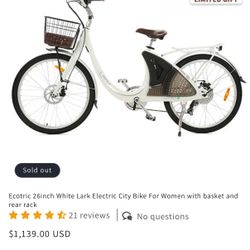 Used Ecotric 26inch White Lark Electric City Bike For Women with basket