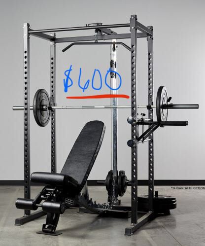 Rep Fitness rack, lat pulldown, bench, and extras