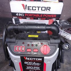 New Vector 800amp jump starter,120 psi air compressor,3.1 a USB power, light