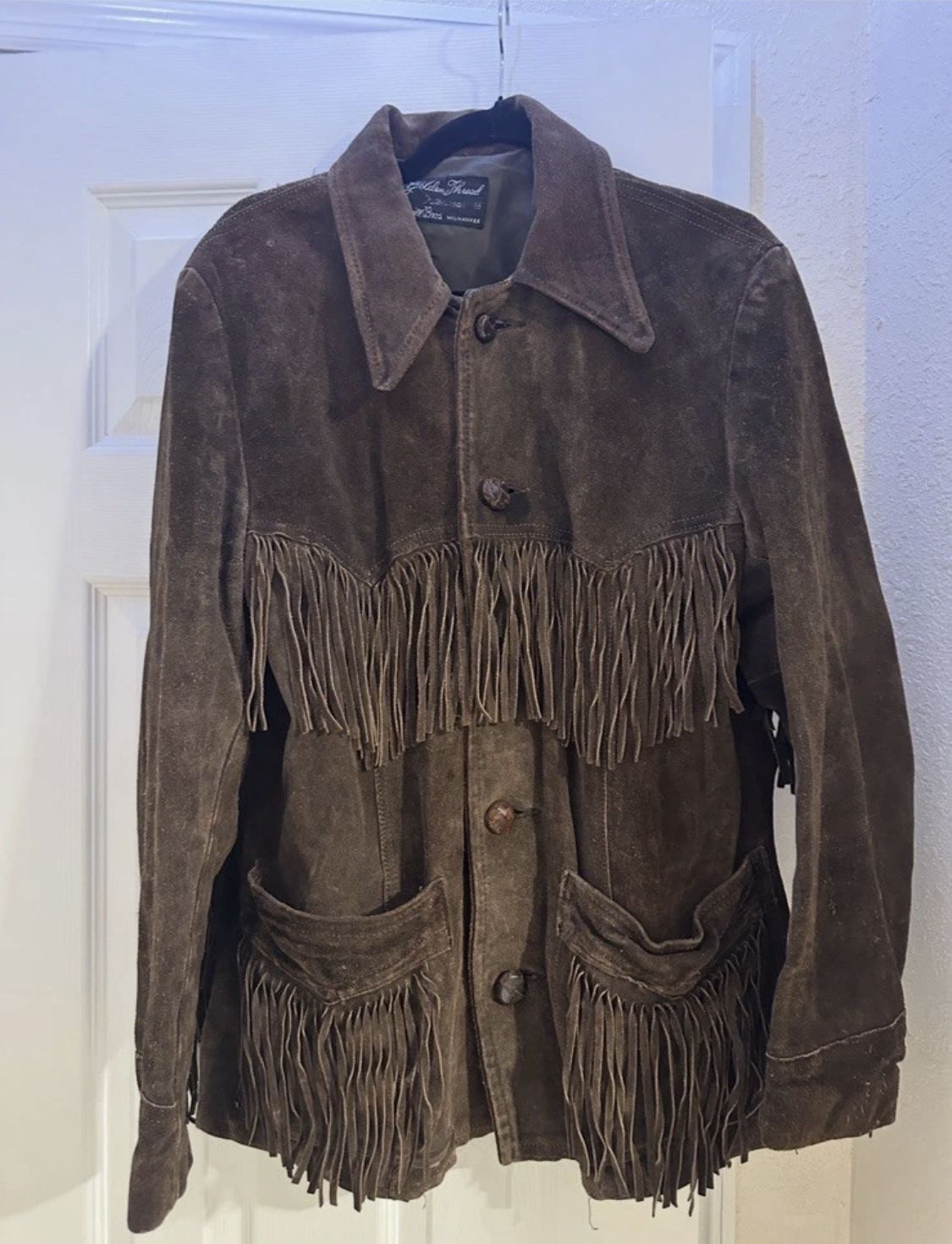 Vintage 70s Brown Leather Fringe Western Jacket Coat Size 38
