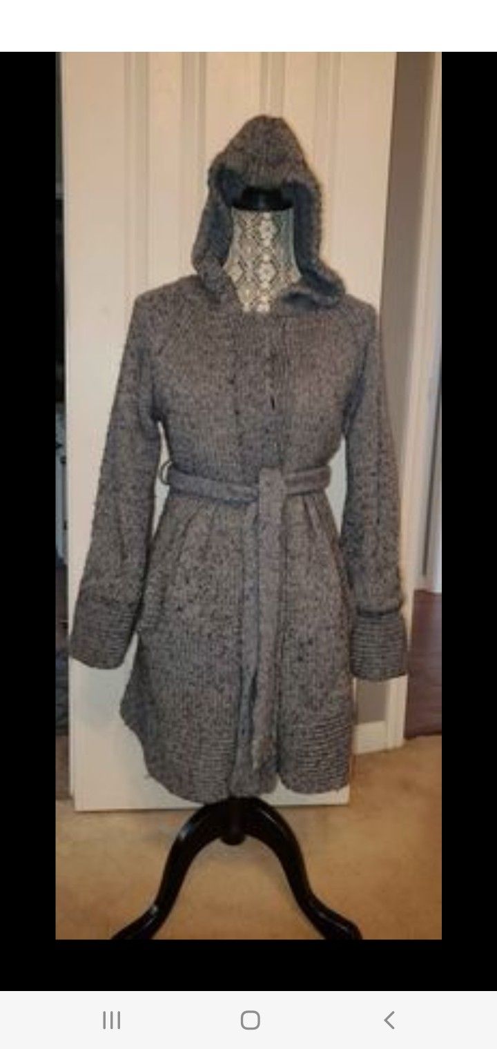 XS- Free People chunky gray knit cardigan sweater hooded jacket button/ belted long sleeve