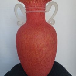 Hand Blown Red Orange Italian Mottled Art Glass Vase Clear Applied Handles 8"