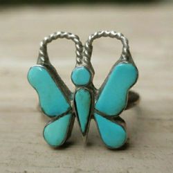 Vintage Turquoise Sterling Silver Butterfly Ring Sz 6.75