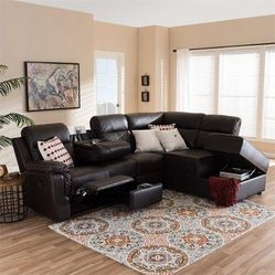 Brand New Air Leather Fabric Java Reclining Sectional With Storage Compartments Built In Cup Holders & A Drop Down Table