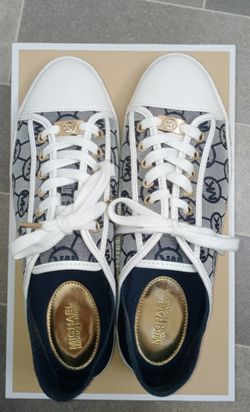 Michael Kors Kristy Slide Monogram Jacquard Ivory / Denim Espadrille Sneakers Women's Size 9.5 With Box