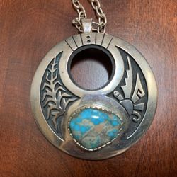 Hand Crafted HOPI Silver 28” Necklace with 2” Turquoise Pendant Stone is 1/2x3/4”