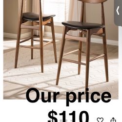Baxton Studio Flora Mid-Century Faux Leather Bar Stool with Back, Black and Walnut Brown, 2-Pieces (144-2P-8074-HIT)