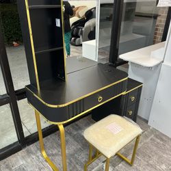 Makeup Vanity Black and Gold with Rainbow Lights and Stool