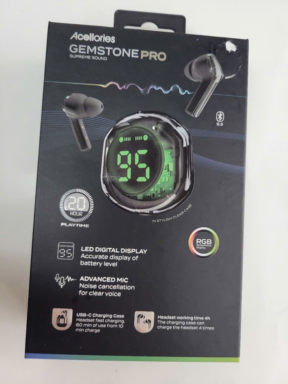 Acellories Gemstone RGB Transparent Bluetooth Earbuds, Black