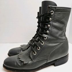 Justin Vintage 1990s Diamond J Lace Up Kiltie Roper Boots Grey Woman's Size 6.5B