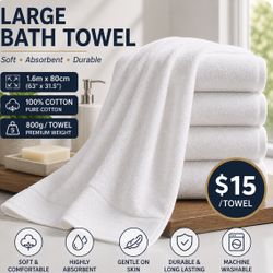 $15 Large White Bath Towel 100% Cotton 800g 63” x 31.5” Soft & Absorbent