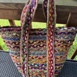 Multicolor Hand Braided Cotton Jute Shoulder Tote