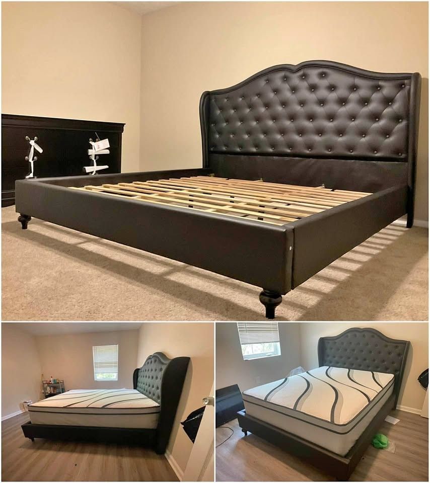 NEW WING BACK QUEEN SIZE BED & 14" PILLOW TOP MATTRESS $595! KING SIZE $650!!
