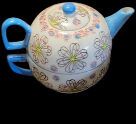 Hand-Painted Ceramic Stacked Teapot and Cup Set