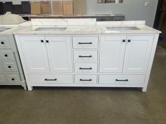 Bathroom vanity cabinet 72” solid mango Quartz top with sinks and backsplash