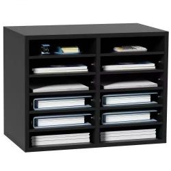 532}Wood Literature Organizer, 12 Compartments, File Sorter with Removable Shelves, Mailboxes Slot for Office Home Classroom Mailrooms Organization, E