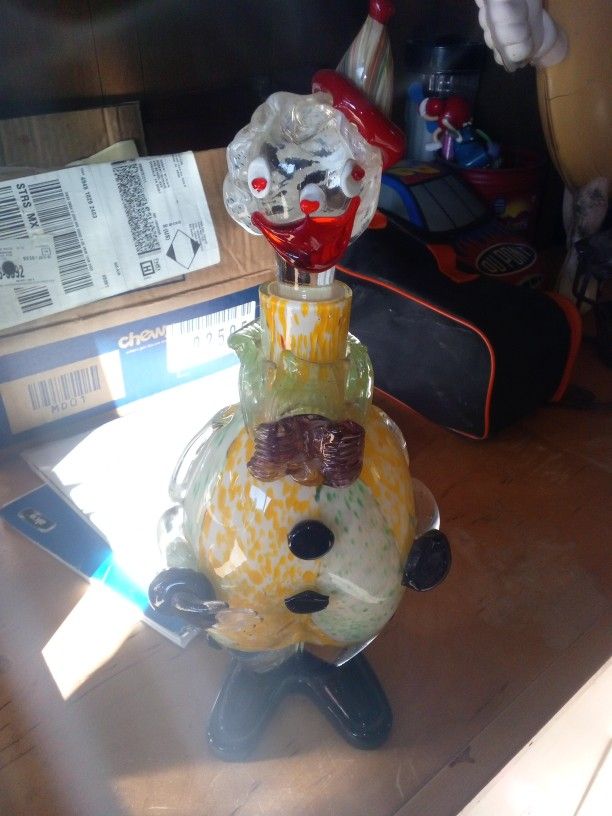 Vintage Murano Glass Clown Decanter 13” Two-Piece Multicolor Italy