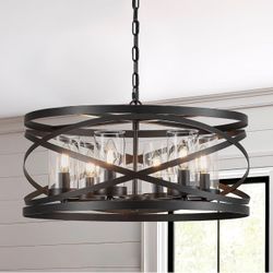 Faibra 6-Light Farmhouse Drum Pendant Light - Vintage Rustic Black Metal & Glass, 21.65'' for Entryway, Bedroom, Dining