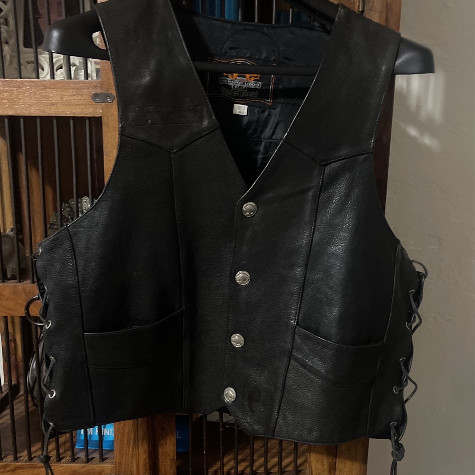 Milwaukee Legend Gear, , Black Leather Vest , Buffalo Nickel Buttons