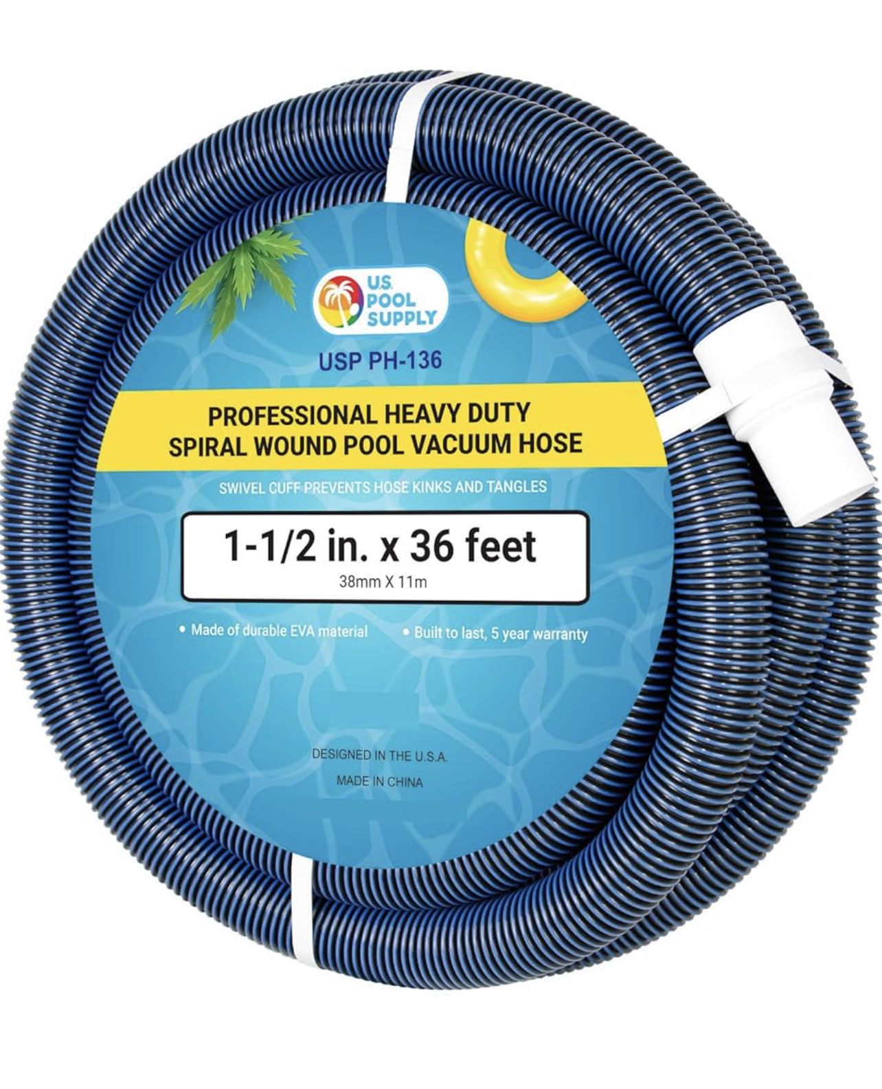 U.S. Pool Supply 1-1/2" x 36 Foot Professional Heavy Duty Spiral Wound Swimming Pool Vacuum Hose with Kink-Free Swivel Cuff, Flexible - Connect to Vac