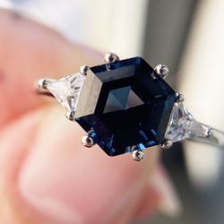Breathtaking Hexagon Shaped London Blue Topaz  & Genuine 925 Sterling Silver Ring