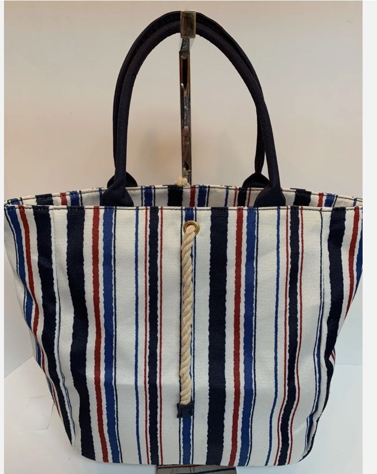 Estee Lauder Red White Blue Striped Tote Beach Bag With Handles Rope Ties Lined