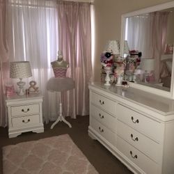 Bed, Dresser Mirror And Nightstand 