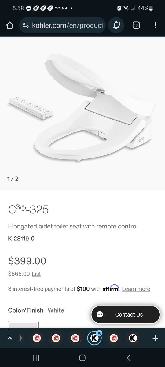 Kohler C3-325 Premium Bidet Toilet Seat with Remote Control $200