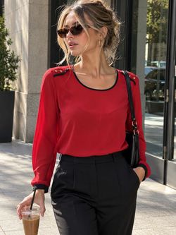 The Limited Red Black Trim Gold Button Long Sleeve Blouse Size L Office Chic Workwear