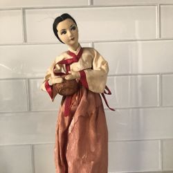 Vintage Asian Girl Doll /figurine Silk Dress Has Watermark On it But She Is Beautiful
